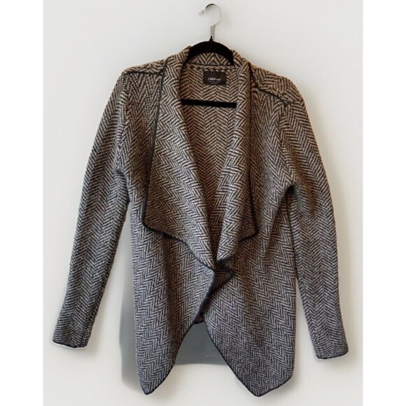 ZARA Sweater Cardigan Small Herringbone Dark Brown Black‎ Open Front Black Trim - Picture 1 of 9